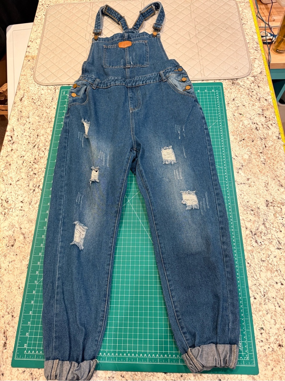 Distressed Denim Overalls Medium Wash Boyfriend Utility Boho - Picture 2 of 9